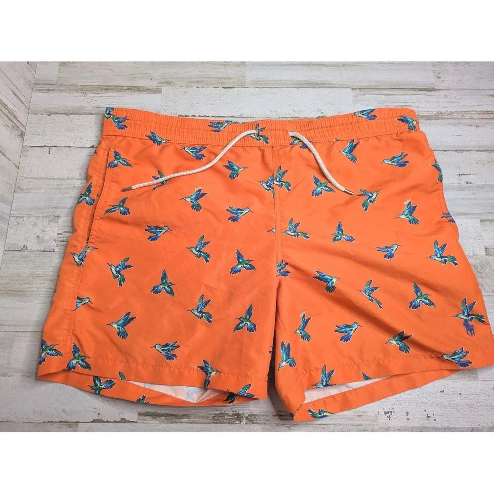 Polo Ralph Lauren Swim Trunks Mens M Hummingbird Print Orange Drawstring Beach